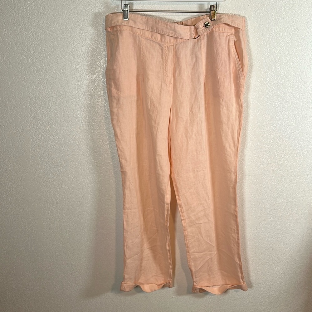 Ellen Tracy Light Pink Wide Leg Pull On Attached Belt Linen Pants Size XL